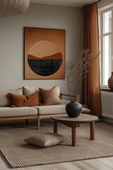 A modern living room blends art and comfort, with wooden furniture and warm colors illuminated by natural light.
