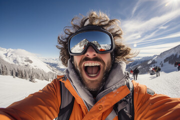 Fototapeta na wymiar Excited snowboarder captures a selfie with a mountain reflection in his goggles