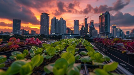 Urban smart farming rooftop, compact hydroponic systems. The cultivation of potted vegetables on the rooftop of a building - obrazy, fototapety, plakaty