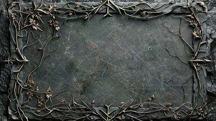 Recurso gráfico de marco con elementos de metal y fondo de piedra desgastado.  - obrazy, fototapety, plakaty