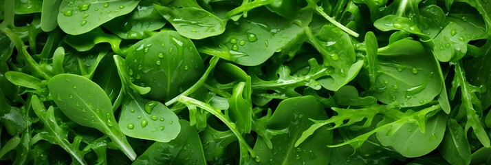 Wet fresh arugula, rucola and spinach leaves background, banner, texture top view. Spinach and rucola closeup with water drops. Green leaves banner