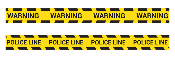 set of Yellow danger barricade tape with black diagonal stripes and text "WARNING " ''POLICE LINE'' Vector template of seamless warning, caution ribbon for construction works or crime scene