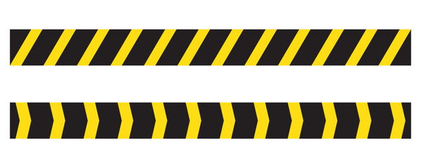 Warning tape set with yellow and black diagonal stripes. Warn stop seamless line. Long danger ribbon. Yellow and black caution tape border. Vector illustration