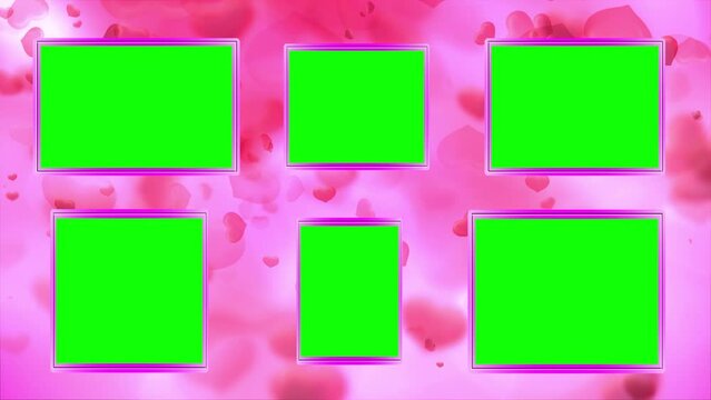 Empty green screen photo album presentation with pink hearts background