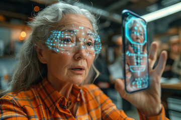 A senior woman in casual wear uses a smartphone to interact with holographic technology in an indoor setting