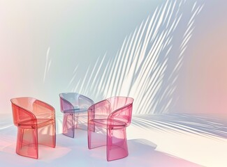 Mockup of blank empty wall and vivid colors plastic transparent chairs, lounge room and bold furniture - blue, pink and orange, negative copy space AI generated