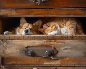 Stunning high resolution photo of a red corgi and maine coon sleeping in interesting and unusual positions.