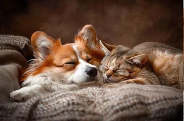 Fotobehang Stunning high resolution photo of a red corgi and maine coon sleeping in interesting and unusual positions. © Iulia