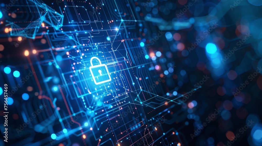 Poster technology security concept. modern safety digital background with padlock button on virtual screens