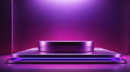 A purple neon-light stage with a podium in the center, it has space ready for mockup use. The lighting creates a dramatic effect, highlighting the podium and casting shadows on the stage.
