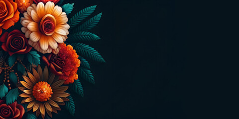 Skull with vibrant flowers for mexican festive dia de los muertos celebration. Festival cinco de mayo backdrop in Mexico. Day of the dead, all saints day or Halloween holiday with copy space