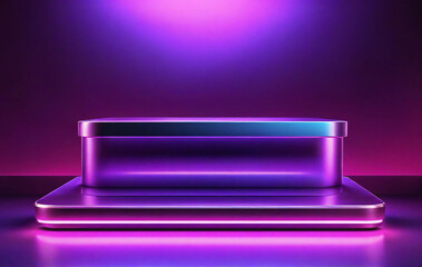 A purple neon-light stage with a podium in the center, it has space ready for mockup use. The lighting creates a dramatic effect, highlighting the podium and casting shadows on the stage.