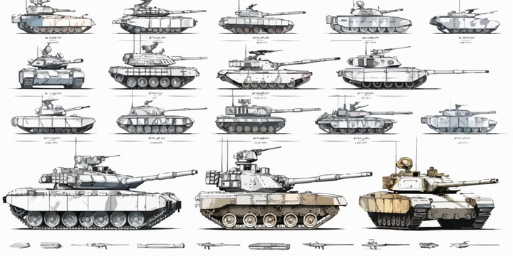 Outlined vectorized silhouettes of armored tanks, depicting military vehicles for defense