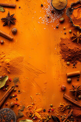Top view of Indian spice in orange tone with copy space for text. Food background. Generative AI. - 756457871