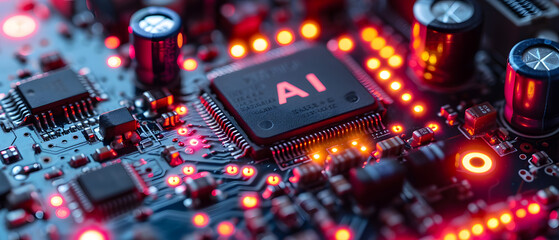 Glowing AI artificial intelligence technology Chipset CPU on circuit board.  technology Concept.