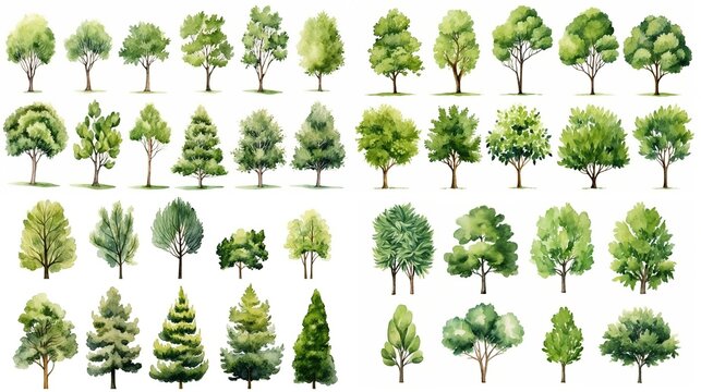 watercolor style illustration of summer or spring tree collection set, cartoon illustration isolated on white background, Generative Ai	