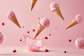 Raspberry ice cream cones flying in the air on pastel pink background.