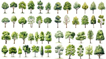Fototapeta premium watercolor style illustration of summer or spring tree collection set, cartoon illustration isolated on white background, Generative Ai 