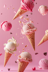 Ice cream flying in the air on pink background .