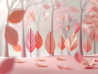 A 3D-rendered abstract forest in autumn with floating leaves offering a magical backdrop and copy space pastel colors background