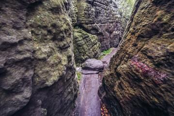 Path among rocks on Szczeliniec Wielki mount in Table Mountains, part of Sudetes in Poland - obrazy, fototapety, plakaty