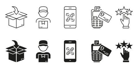 Shipping Guide Line and Silhouette Icon Set. Sales Symbol Collection. Packaging, Order, Shipping, Payment, Rate Pictogram. Online Purchase Steps, Delivery Process Sign. Isolated Vector Illustration