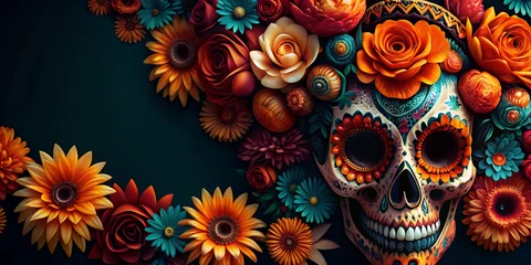 Fotobehang Skull with vibrant flowers for mexican festive dia de los muertos celebration. Festival cinco de mayo backdrop in Mexico. Day of the dead, all saints day or Halloween holiday with copy space © Pavel