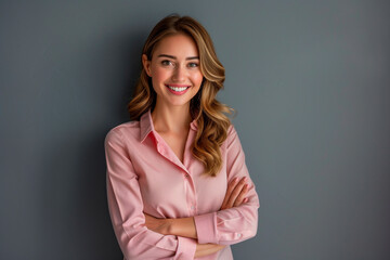 Obraz premium Happy young smiling confident professional business woman wearing pink shirt, pretty stylish female executive looking at camera, standing arms crossed isolated at gray background