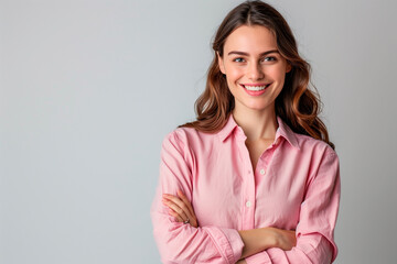 Obraz premium Happy young smiling confident professional business woman wearing pink shirt, pretty stylish female executive looking at camera, standing arms crossed isolated at gray background