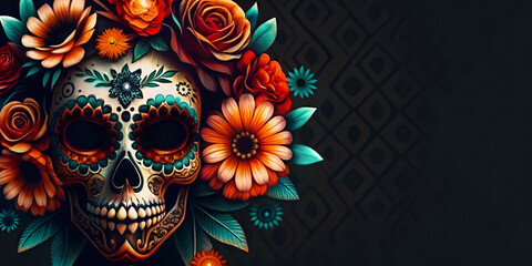 Skull with vibrant flowers for mexican festive dia de los muertos celebration. Festival cinco de mayo backdrop in Mexico. Day of the dead, all saints day or Halloween holiday with copy space - obrazy, fototapety, plakaty