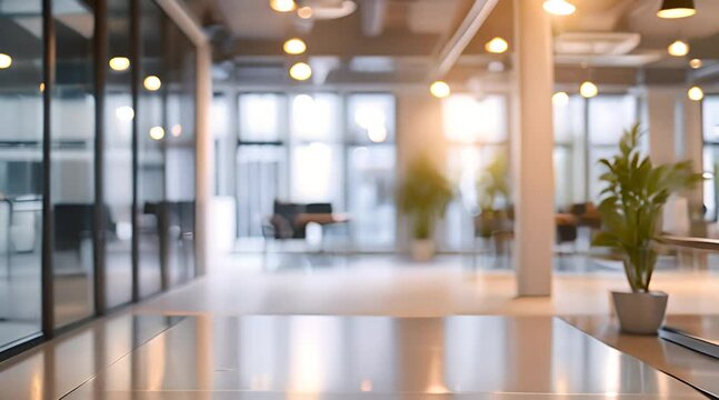 Blur background interior view looking out toward to empty office lobby and entrance doors and glass curtain wall