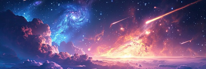 Space abstract background with planets and stars, cosmic landscape in neon colors, AI generated image