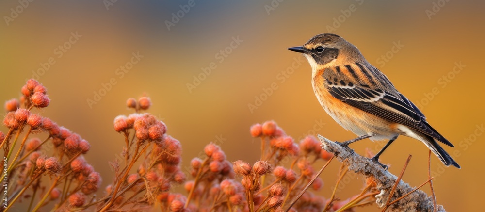 Poster a tiny songbird with colorful feathers perches on a twig in a field, its beak open as it sings a bea