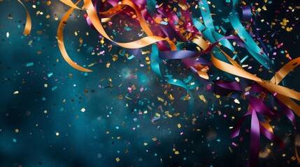 Festive Multicolored shiny sparkling confetti and streamers, Ribbons on a dark blue background with copy space. A horizontal banner for Advertising and Text. Birthday, Holiday, Discounts, Sales.