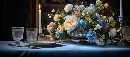 Elegantly adorned setting with floral arrangement and lit candles on a silver candle holder on a blue table covering.