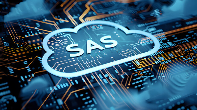 SAS inscription on the background of the computer board 