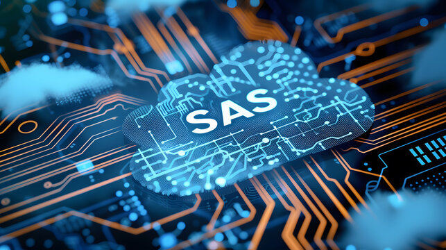 SAS inscription on the background of the computer board 
