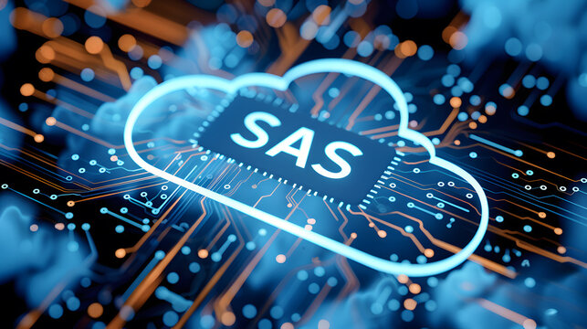 SAS inscription on the background of the computer board 