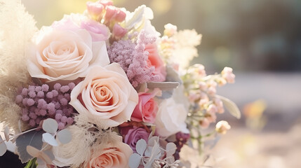 Obraz na płótnie Canvas Wedding bouquet of roses, copy space
