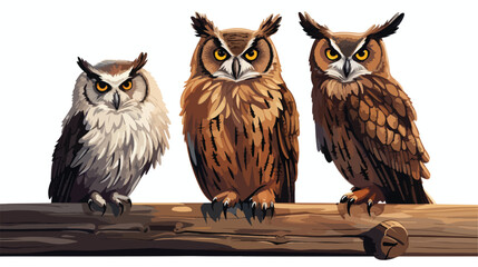 A trio of wise-looking horned owls perched  - obrazy, fototapety, plakaty
