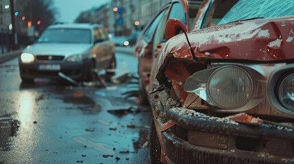 Damaged in heavy car accident vehicles after collision on city street crash site. Road safety and insurance concept