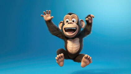 Gleeful animated monkey mid-jump with a wide-open mouth and raised hands, against a gradient blue background.