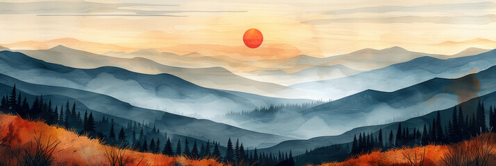 Drawing landscape mountain on sunset sky abstract background. Generative ai. - 756460610