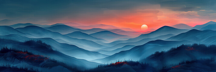 Drawing landscape mountain on sunset sky abstract background. Generative ai. - 756460654