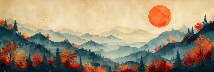 Drawing landscape mountain on sunset sky abstract background. Generative ai. - 756460663