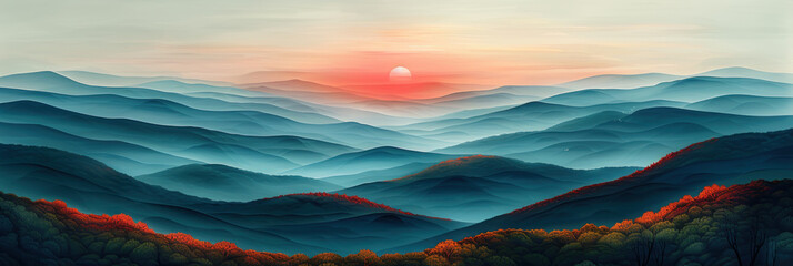 Drawing landscape mountain on sunset sky abstract background. Generative ai. - 756460673