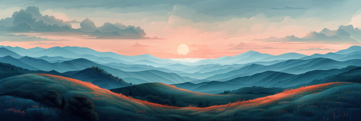 Drawing landscape mountain on sunset sky abstract background. Generative ai.