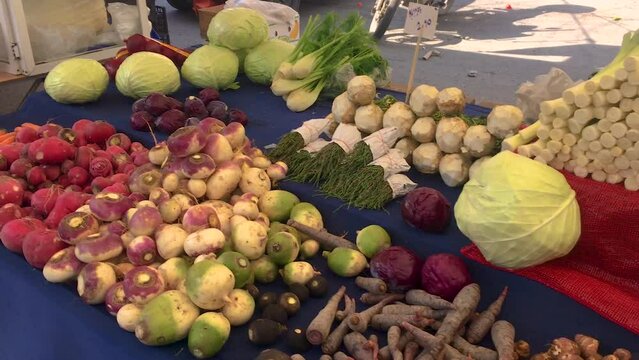 Ateshir, Istanbul Turkey. Fresh foods and vegetables line the tables at a Turkish farmers market during the Spring / Ramadan season.
