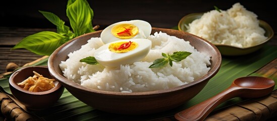 A dish of jasmine rice topped with hard boiled eggs, served with a wooden spoon. This staple food...