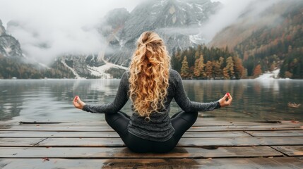 Serene young woman meditating on a wooden pier by the lake for mental health improvement